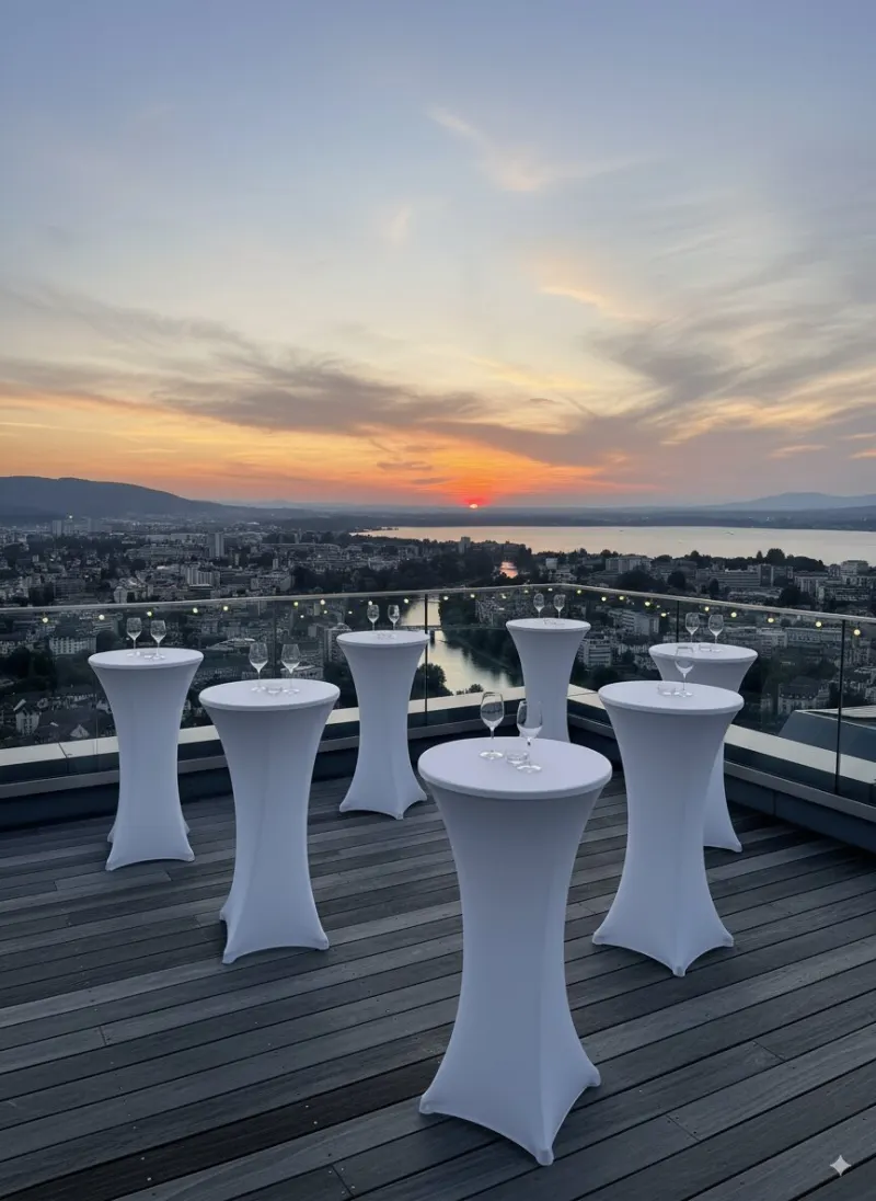 Cocktail entreprise : tables hautes à housse blanche sur un toit-terrasse au coucher du soleil