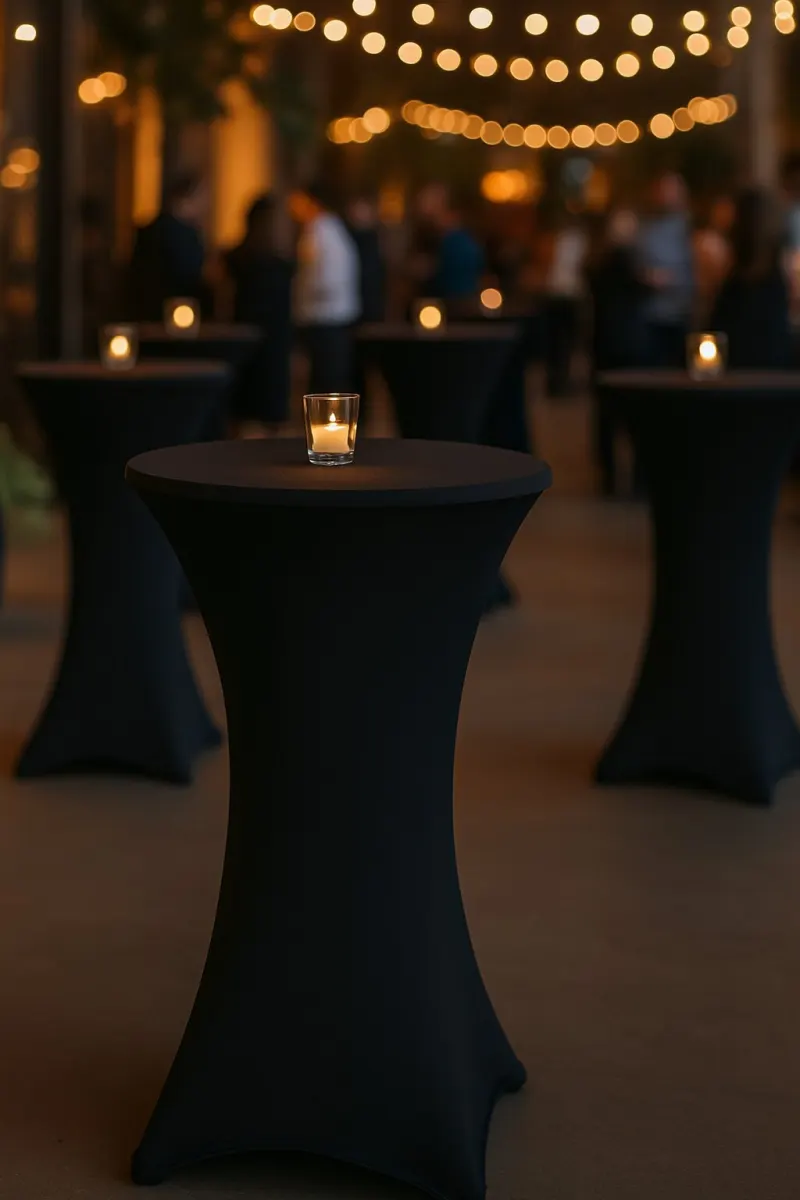 Festival : tables hautes à housse noire éclairées de bougies sous des guirlandes lumineuses en soirée